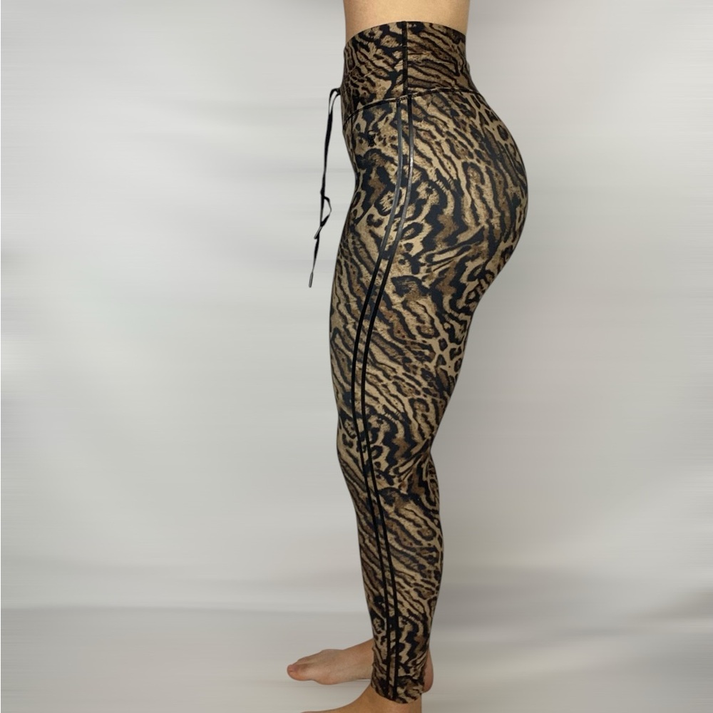 GOOD AMERICAN High Rise Stripe Drawstring Cheetah Workout Leggings Gym Yoga Sz 1 - Picture 3 of 6